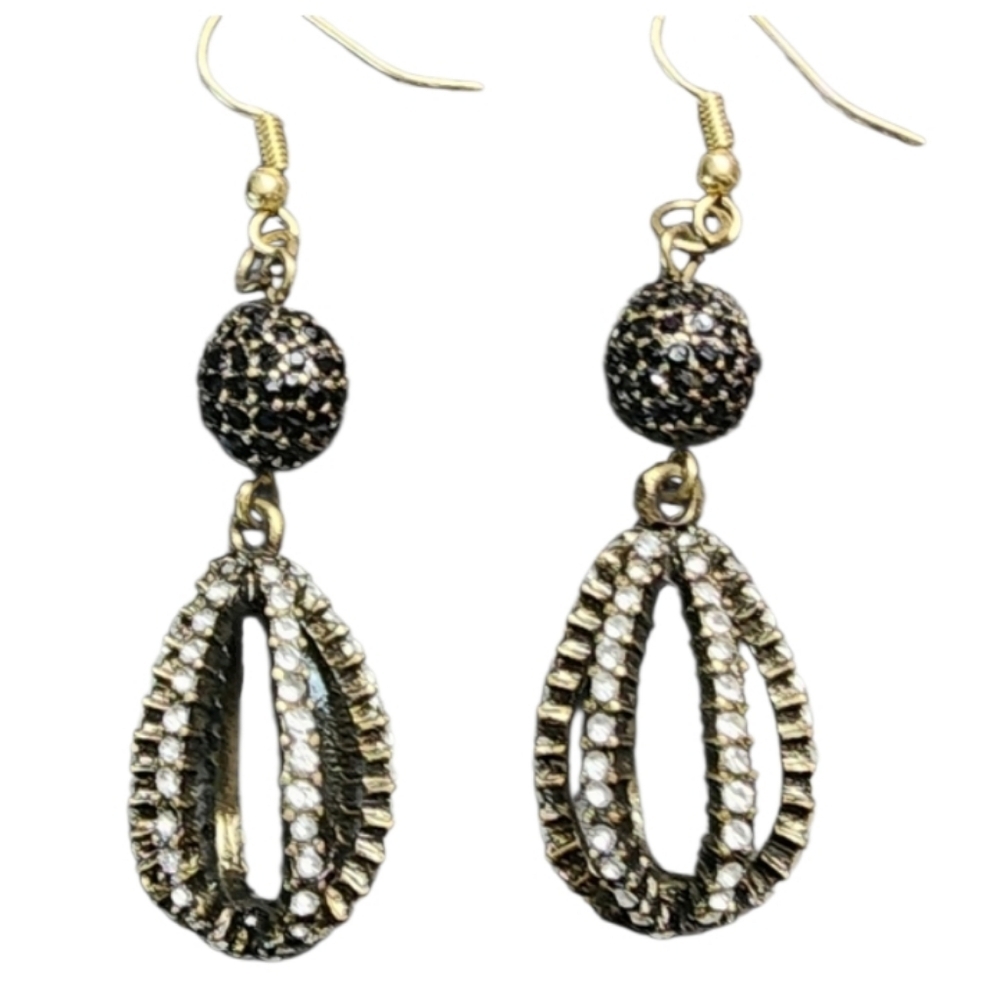 Elegant Gold and Black Dangle Earrings with Rhinestones